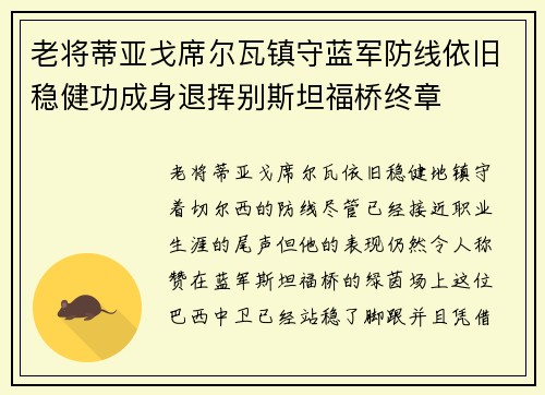 老将蒂亚戈席尔瓦镇守蓝军防线依旧稳健功成身退挥别斯坦福桥终章 老将蒂亚戈席尔瓦镇守蓝军防线依旧稳健功成身退挥别斯坦福桥终章