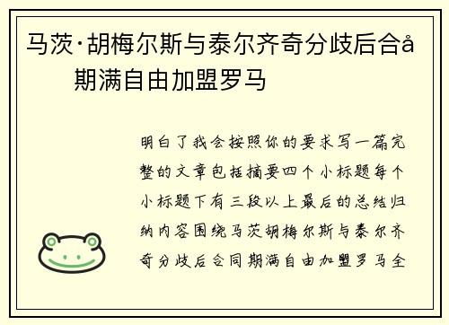 马茨·胡梅尔斯与泰尔齐奇分歧后合同期满自由加盟罗马 马茨·胡梅尔斯与泰尔齐奇分歧后合同期满自由加盟罗马